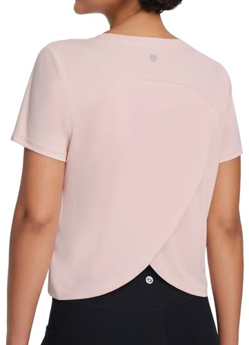 baleaf Women's Athletic Sun Shirts Short Sleeve Running Tops Workout Cropped Split Back Gym UPF 50+ Quick Dry Lightweight Sun Protection Pink M