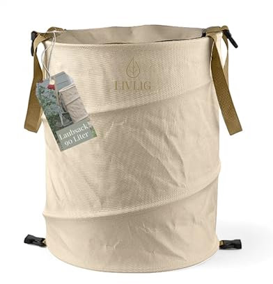 LIVLIG Pop Up Gartensack 90L, Doppelter Boden - extra stabil, Laubsack mit Deckel, Gartenabfallsack stabil, Laubbehälter faltbar und selbstaufstellend, Beige
