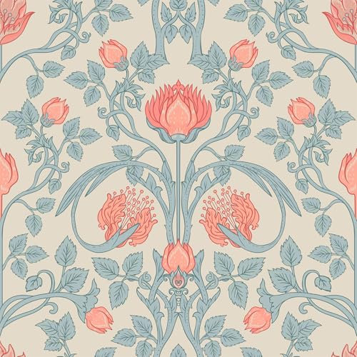 VEELIKE Papel Pintado Flores Beige Retro Papel Pintado Hoja Azul Papel Pintado Vintage William Morris 44.5cm x 300cm Papel Pintado Autoadhesivo Pared Dormitorio Baño Decoracion Habitacion Extraíble