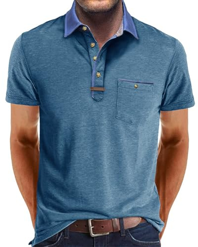 Volemo Polo Hombre Manga Corta Camiseta Poloshirt Contraste Camisa T-Shirt Casuales Azul Polo L