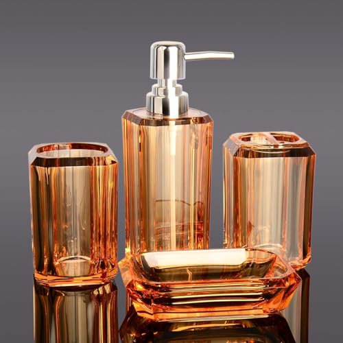 Badezimmer Zubehör Set, 4-teilig Acryl Badezimmer Set, Lotionspender, Becher, Zahnbürstenhalter, Seifenschale, Housewarming Dormitory Eigentumswohnungen Home Essentials Modernes Badezimmer Deko