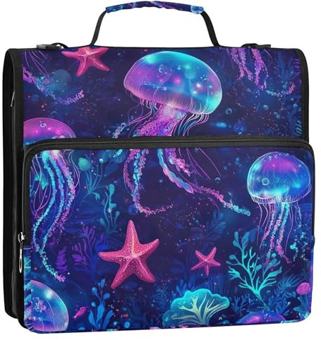 Jellyfish Ocean Print 1 1/2 Inch 3 Ring Binders D Ring Zippered Binder Organizer Keeper Binder Bag with Strap for School Funny Storage Portfolio Case with Handle