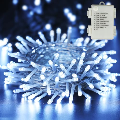 PhilzOps Catena Luminosa Natale, 10M 100 LED Luci Natalizie da Esterno Interno Batteria Impermeabile 8 Modalità Stringa Luci Decorazioni per Giardino Feste Casa Camera Albero di Natale, Bianco Freddo