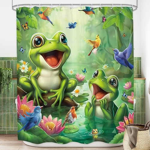 Fuuny Frog Shower Curtain Kids Cartoon Cute Green Bathroom Curtain Set