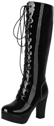 Bottes Femme en Cuir Mollet Large Classiques Bottes mi Mollet Talon Haut Sexy Confortable Western Botte Longues à Lacets Hipster Club Fête Escarpins Haute Botte au-dessus du Genou Boots Steampunk