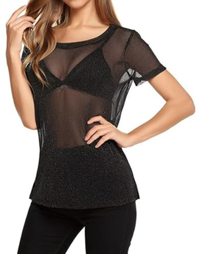 HAPZUR Maglia Trasparente Donna Glitter, Top Sexy Manica Corta in Rete per Festa, Discoteca & Clubwear, Blusa Elegante Estiva