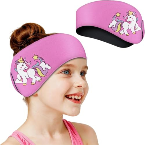 AMFUN Swimming Headband for Kids Adults, Cartoon Unicorn Adjustable Neoprene Ear Cover, Waterproof Keep Dry Hold Earplugs, Comfortable Headband for Swimming Surfing Kayaking,L,Pink