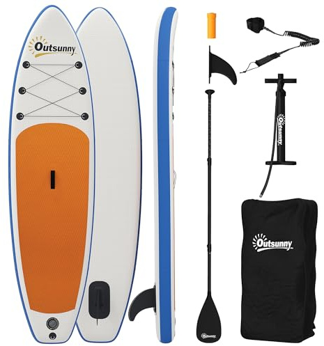Outsunny Stand Up Paddling Board Set Aufblasbar 305cm SUP Board mit Verstellbares Aluminium-Paddel Abnehmbarer Finne Fußschlaufe rutschfest Deck Rucksack Zubehör, 150kg Paddle Board für Erwachsene