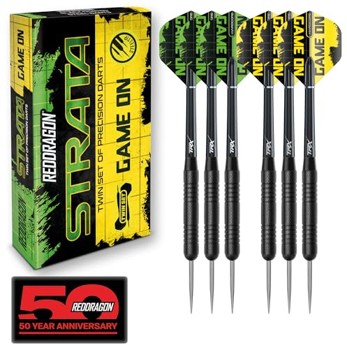 Red Dragon Darts Set - Strata Game On Twin Set of Darts – 20g Black Steel Tip Dart with Flights and Shafts – Ideal for Beginners and Casual Players​