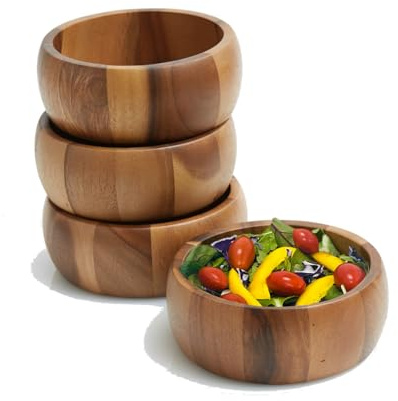 Woodard & Charles Set of 4 Acacia Wood Large Ind. Salad Bowls, 6.5 x 2.5