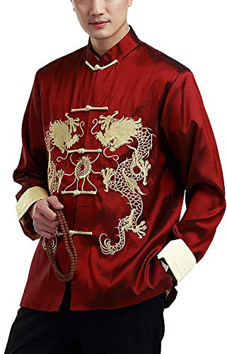 Tuta da Uomo Cinese Tang - Tradizionale Tuta da Completo di Kung Fu, Giacca a Maniche Lunghe, Costume Tradizionale della Cina, Ricamo Doppio Drago