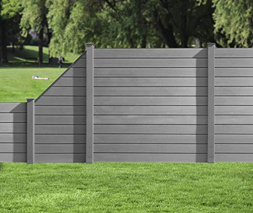 HORI WPC Sichtschutz Zaun Steckzaun Gartenzaun Komplettset für Garten und Terrasse, beidseitig glatt, 1x Schräg + 1x kl. Pfosten I zum Aufschrauben I Zaun: Grau I Pf.: Grau