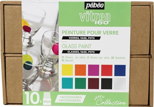 Pébéo - Caja Colección Vitrea 160 - Set Pintura Vidrio - Decoración Vidrio - 10 Botellas de 45 ml - Colores Surtidos 1 + Cerne Relief Tubo Negro 20 ml + Accesorios + Guía Creativa