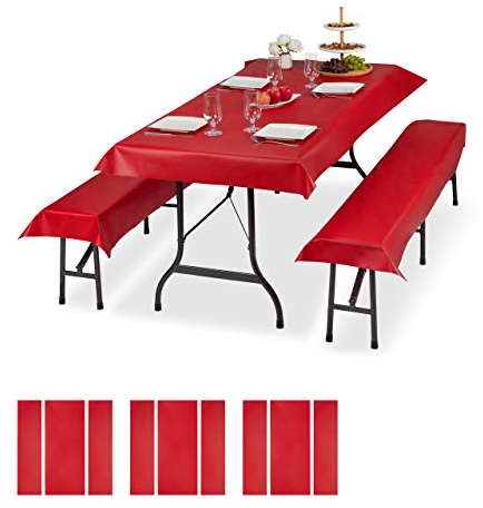 Relaxdays 3x Beer Tent Set, Picnic Tablecloth 250x100 cm with Bench Covers, Washable, Simple, Reusable, Waterproof, Red