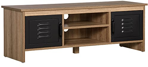 HOMCOM Meuble TV Banc TV 110 cm Design Industriel, avec 2 placards, 2 niches, 2 Passe-Fils, Aspect Bois veinage Portes métal Noir