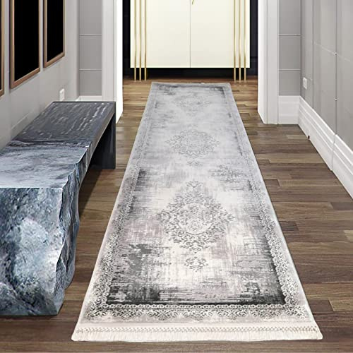 Teppich-Traum LÄUFER BRÜCKE Flur Wollteppich mit Verzierungen & Ornamenten | gefranst | abstrakt in grau Größe 80 x 300 cm