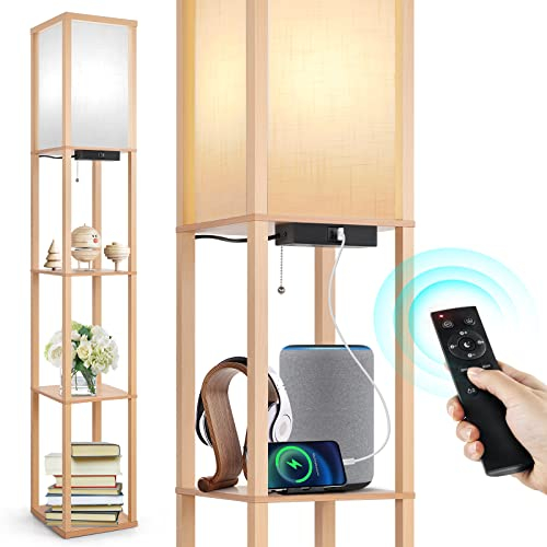 OUTON Lampada da Terra con Scaffale, Lampada da Terra Salotto Dimmerabile con Telecomando, Lampada a Stelo 160cm, 2 Porte di Ricarica USB, Piantana da Terra per Soggiorno, Camera Da Letto, Legno