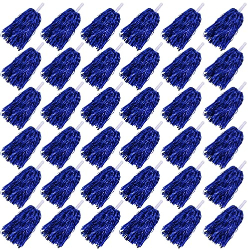 36PCS Cheerleading Pom Poms Metallic Foil Plastic Pom Poms with Baton Handle for Game Sports Squads Dancing Party Football Basketball Club Spirit Sports Stage Performance Celebration (Blue)