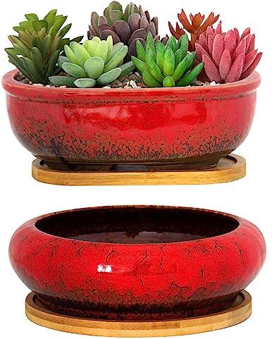 ARTKETTY Pots de Fleurs en céramique avec Plateau de Drainage en Bambou, 1 Pot de Fleurs rectangulaire + 1 Pot de Fleurs Rond pour intérieur (Rouge)