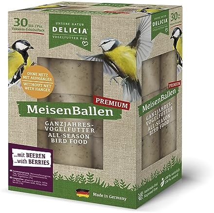 DELICIA® Premium MeisenBallen mit Beeren (30 St. ohne Netz) · Meisenknödel mit Aufhänger · Fettblock für Gartenvögel & Wildvögel · Vogelfutter Knödel · Körnerkugel zum Aufhängen