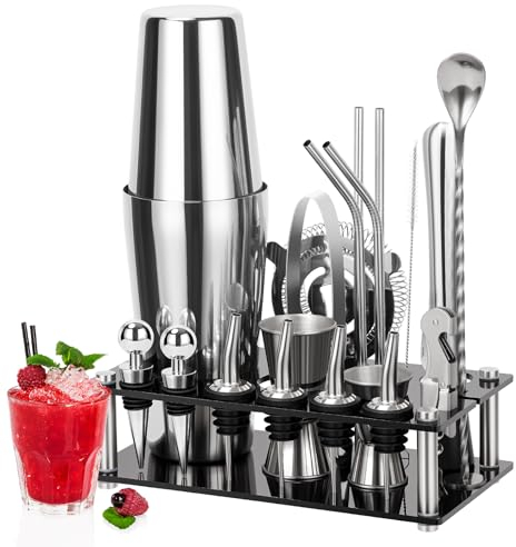 Cinnani Boston Cocktail Shaker Set di 20 Pezzi-Set Cocktail Professionale-Cocktail Set con Acrilico Soporte-Professionale barman set-Cocktail Shaker Set-Set Shaker in Acciao Inox-Shaker per Cocktail