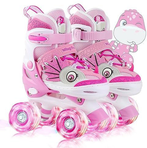 Dinosaure Patins à roulettes Enfant Roller Quad Roues Garçons Filles Taille Réglable Ajustable avec 4 Roues Lumineuses pour Débutants Cadeau Noël d'anniversaire