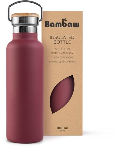Bambaw Insulated Water Bottle 1l, Stainless Steel Water Bottle, Leakproof & Reusable, Hot Drink Flask, Steel Bottle – Red Berry