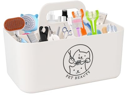 Brabtod Organisateur minimaliste de fournitures de toilettage pour chien et chat, panier portable avec 5 compartiments Blanc
