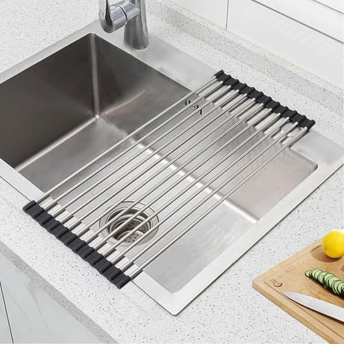 Dräneringsställ porslin, vikbar och avtagbar diskställ över diskbänken, rullbara diskställ, droppmatta och dräneringsyta, för frukt, grönsaker och koppar – svart (43 x 23)