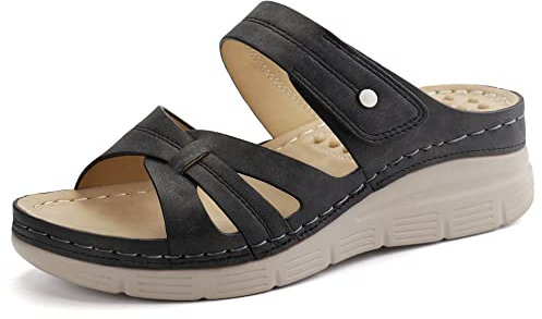 JABASIC Orthopädische Sandalen Damen Pantoletten Hausschuhe Walking Sandalen mit Arch Support (39,Schwarz)