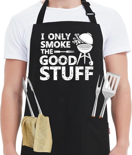 LSUO BAOFU Tablier de Cuisine Réglable pour Hommes avec 2 Poches - Tablier Drôle I Only Smoke the Good Stuff - Cadeau Parfait pour Papa, Fête des Pères, Anniversaire