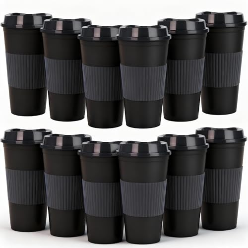Yisituo Plastic Coffee Cups with Lids, 12 Pack 480ml Reusable Tumblers for Adults, for Hot & Cold Drinks, Microwaveable Travel Mugs (12, Black)