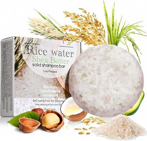 Natural Rice & Shea Butter Shampoo Bar with Coconut Oil – Solid Shampoo Soap for Hair Growth, Anti-Hair Loss, Volumizing & Strengthening – Vegan, Nourishing Dry/Damaged Hair Care, Handmade