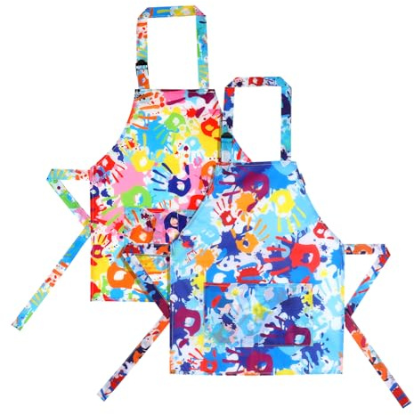 Prasacco 2 Pack Kid Aprons Rainbow Handprint Kids Painting Apron Adjustable Kid Art Smock Waterproof Art Apron with Pockets for Boys and Girls Artist Aprons for Painting Cooking Baking