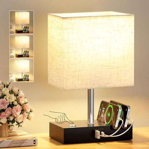PreeOtti Beige Touch Lamp, Bed Side Lamp with 2 USB Charging Station | USB A+C Charging Ports, Touch Lamps Bedside with 2 Phone Slots, Wood Charger Organizer for Dorm, Study, Office(Bulb Included)
