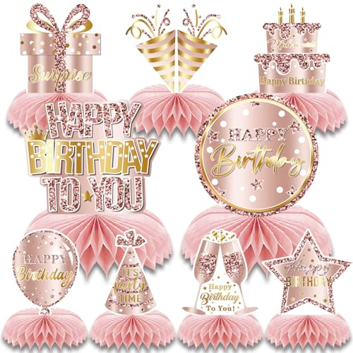 DiiWmme 9PCS Pink Rose Gold Birthday Honeycomb Decorations, Happy Birthday Table Centerpieces for Women, Girls Party Supplies, Reusable Paper Decorations (Pink)