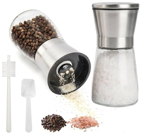 BZUEPRS Set di 2 macina sale e pepe, in acciaio inox e vetro, con meccanismo regolabile in ceramica, macinino spezie con spazzola, cucchiaio per peperoncino, sale spezie, lavabile in lavastoviglie