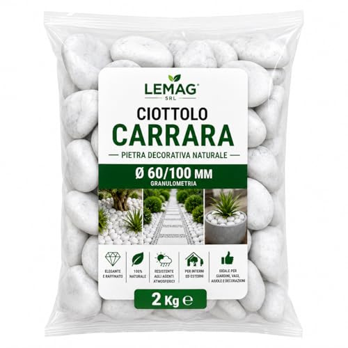 Lemag srl Ciottolo Carrara Bianco Ø 60/100 mm in Big Bag da 2 kg Pietra Decorativa Naturale per Giardino Aiuole Vasi Interno Esterno