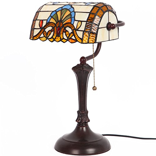 Bieye L30516 Baroque Tiffany Style Stained Glass Banker Table Lamp with 10-inch Wide Lampshade for Working Reading, Table Lamp, 17 inch Tall