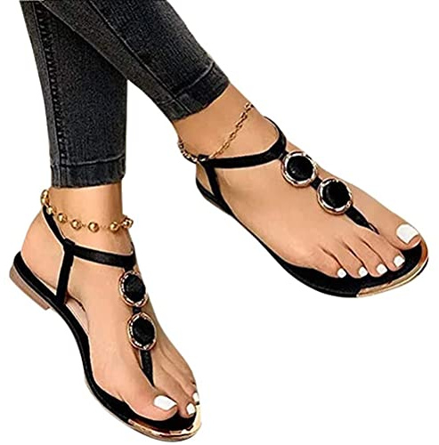 Sandali Piatti Donna Con Cinghie a T, Gladiatore Eleganti Estivi, Confortevole Casual Scarpe da Spiaggia Sneaker, Nero, 38 EU