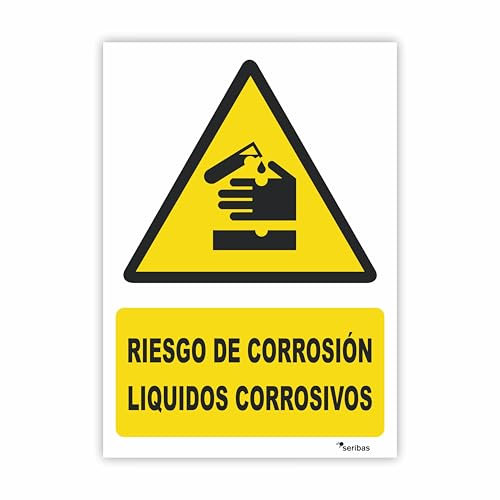 Seribas Señal Riesgo de Corrosión, Líquidos Corrosivos, Cartel PVC 0,7 mm. Tamaño Din A4 21 x 30 cm, Señal Advertencia. Tinta y Material Resistente.