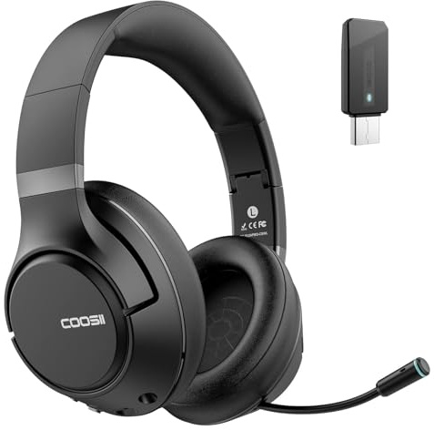 COOSII H300 Wireless Headphones with Microphone, Over Ear Bluetooth Headsets with USB Dongle & Mute, Environmental Noise Cancelling Retractable Mic for Work Office Call Center Laptop Computer (Black)