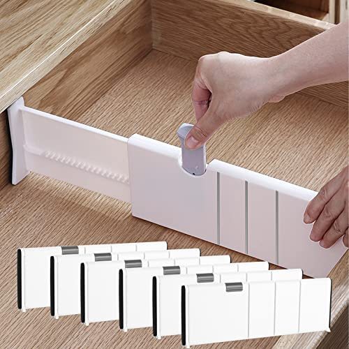 MIVIDE 6 Pezzi Divisori per Cassetti Regolabili 28~44 cm, Divisori per Cassetti Alti 10 cm, Separatori per Cassetti Plastica per Cucina, Camera da Letto, Bagno, Ufficio (Bianco)