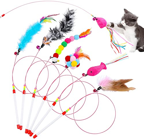 Zasvec Gioci per Gatti 7 Pezzi Giochi con Piume per Gatto Gioco Gatto Interattivo Canna da Pesca Gatto Giocattoli Interattivi per Gatti con Campana e Piume per Gattini Attivi
