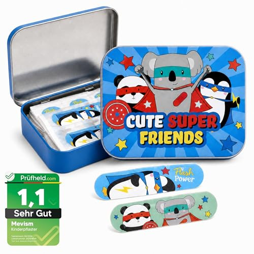 Super Friends Tiritas Infantiles – 24 Apósitos Adhesivos Resistentes al Agua e Hipoalergénicos en Caja Metálica – Tiritas para Heridas de Niños con Diseño Oficial Super Friends