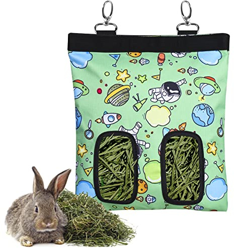 Rabbit Hay Feeder Bag Guinea Pigs Hanging Hay Rack Manger Holder Dispenser Small Animal Feeder Storage Pouch for Bunny Chinchilla Hamster (2 Windows, Pattern Green)