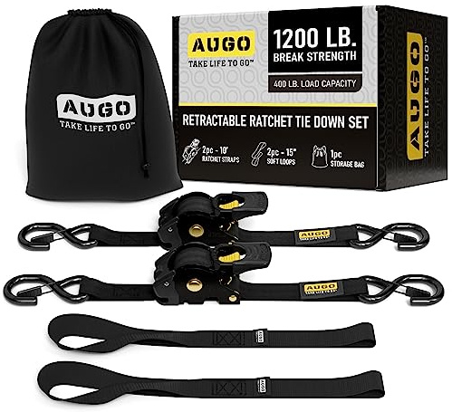 AUGO Retractable Ratchet Straps | 2 Heavy Duty Ratchet Straps Self Retractable Tie Downs with Soft Loops & Storage Bag for Motorcycle, Truck, Trailer, Cargo Van | 1200 Lb Break Strength 1” x 10’