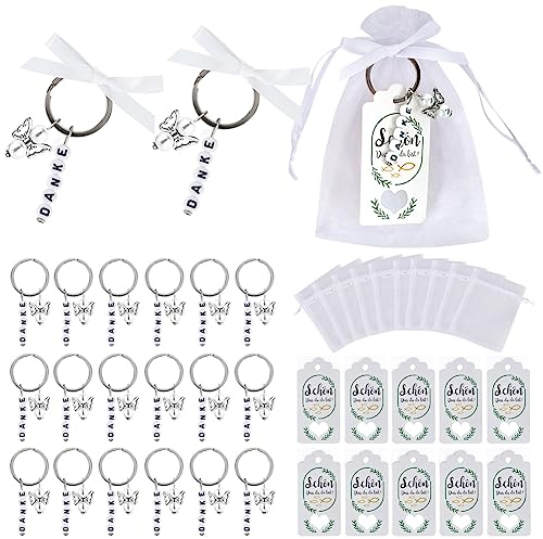 CLTPY Schutzengel Schlüsselanhänger 20 Stück Personalisierte Gastgeschenk Taufe Anhänger Hochzeit Danke Kartenanhänger Organza Beutel Weißes Schleife Kommunion Weihnachten Engel Anhänger