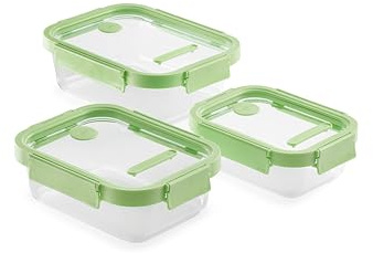 Lékué Set 3 recipientes herméticos de vidrio para conservar alimentos, 640ml, 1050ml y 1520ml de capacidad rectangulares