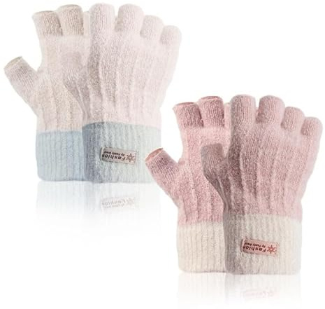 EUPSIIU 2 Pares Guantes sin Dedos, Punto Cálidos de Invierno para Mujer, Guantes Térmico con Forro Polar, para Conducir Trabajar Escribir Escribiendo, Ciclismo, Talla única (Rosa, Beige)